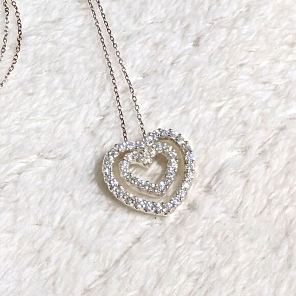 Vintage Sterling Silver & Cubic Zirconia Double Heart Necklace - Picture 7 of 15